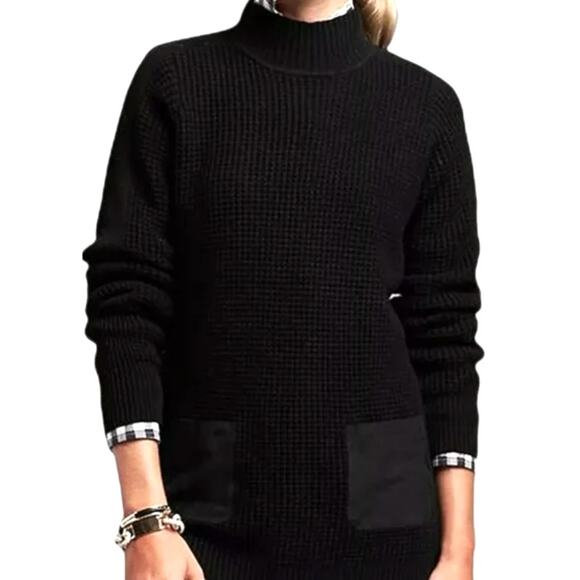 Banana Republic Womens S Waffle Knit Tunic Sweater Mock Neck Long Pullover Black - Picture 1 of 6